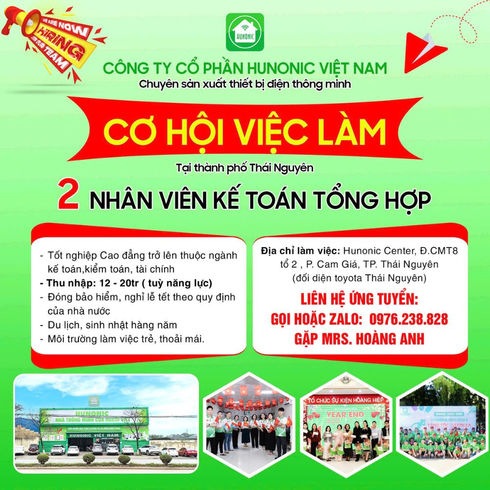 Hunonic tuyển dụng 2 Kế toán tổng hợp – Làm việc tại TP.Thái Nguyên