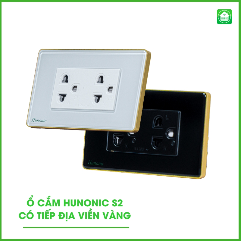 Ổ Cắm Hunonic S2 Có Tiếp Địa Viền Vàng Hình Chữ Nhật 1 o cam hunonic s2 trang den 2