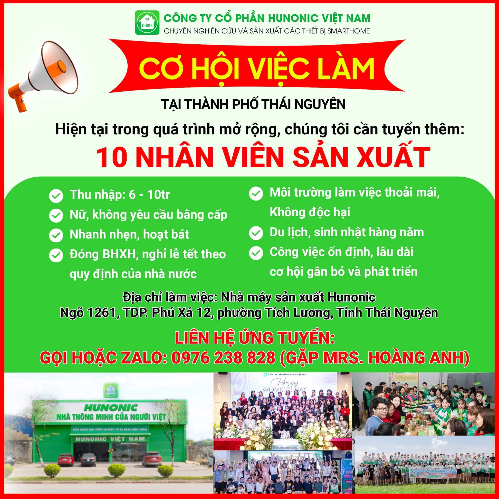 Hunonic tuyển dụng nhân viên sản xuất tại Thái Nguyên